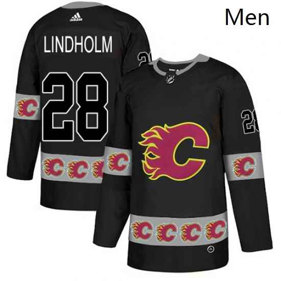 Mens Adidas Calgary Flames 28 Elias Lindholm Authentic Black Team Logo Fashion NHL Jerse